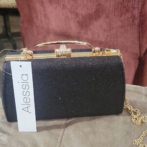 Alessia Glitter Black Clutch with Gold Accents